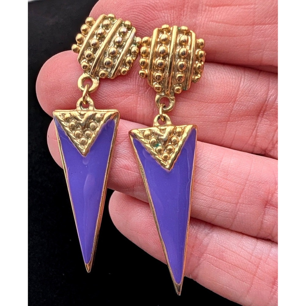 Vintage Purple Enamel Gold Tone Triangle Drop Earrings Geometric 80s Style